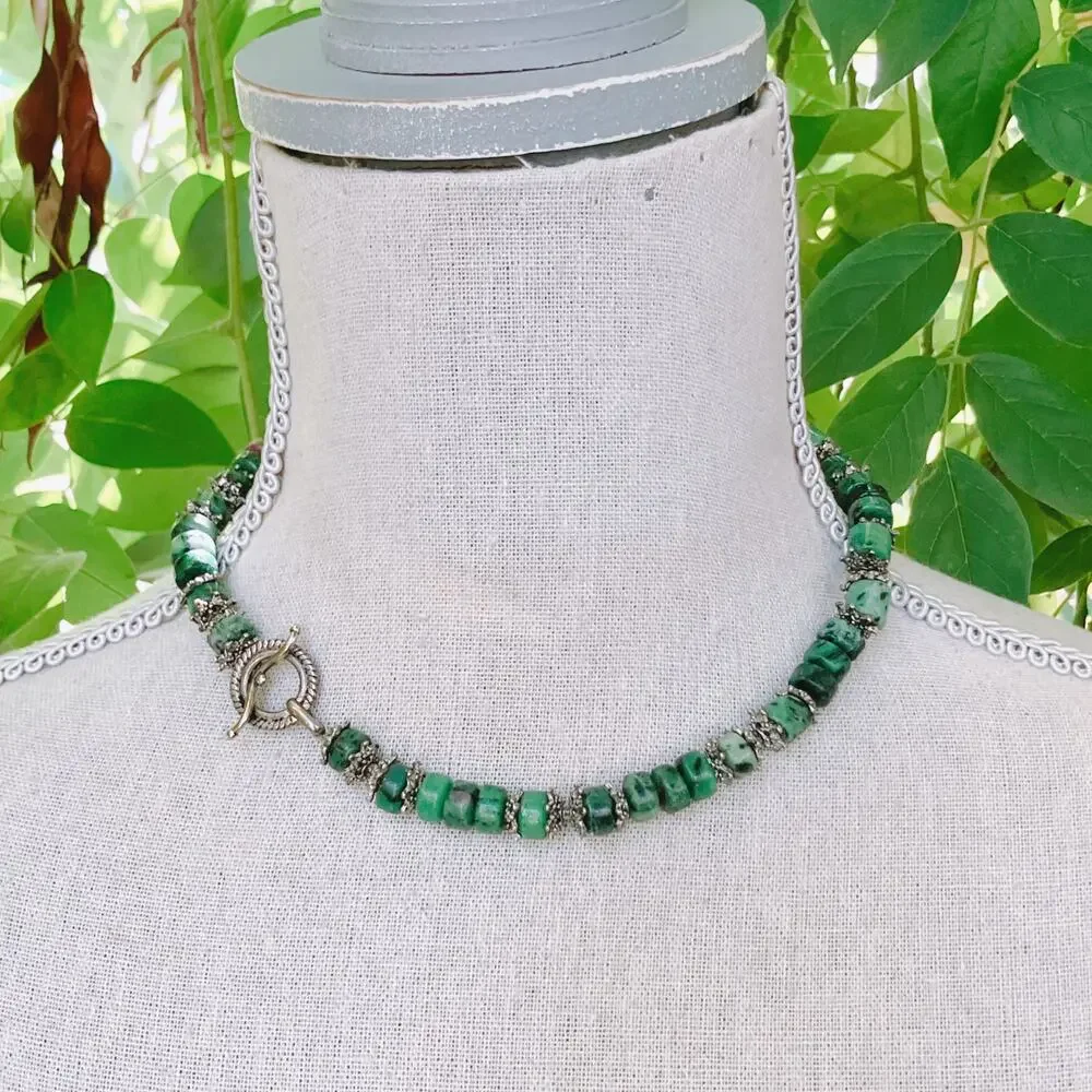 Genuine Ruby in Zoisite Green Gemstone Bead Necklace Silver Tone Artisan Choker